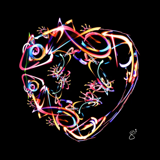 Two iguanas curled into a heart, formed from coral, gold and blue light trails, mirrored top to bottom, on black.