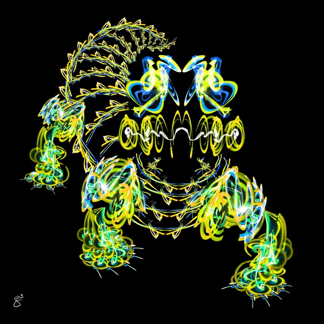 A grinning lizard with a spined tail arched overhead, formed from green and yellow light trails, mirrored, on black.