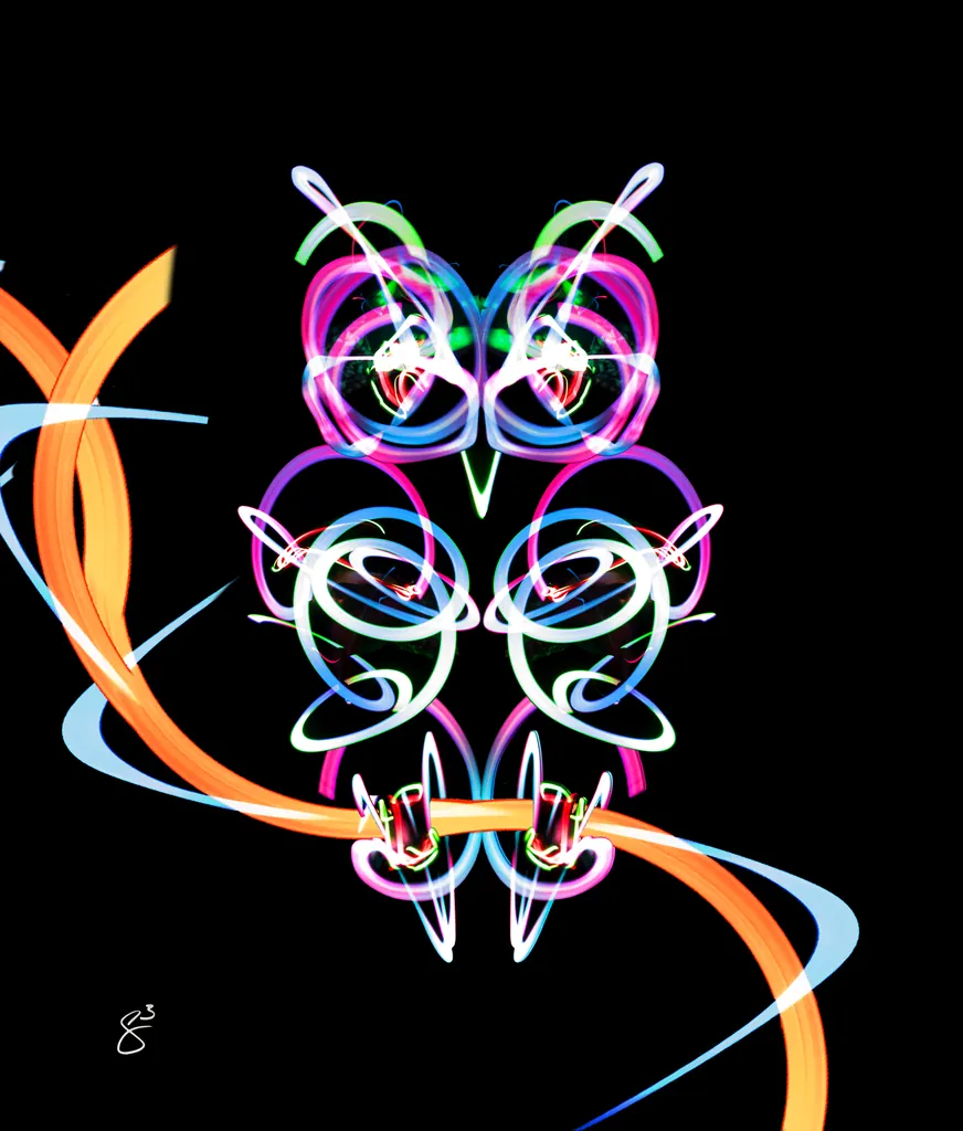 An upright owl on a sweeping branch, formed from magenta, violet, green and orange light trails, on black.